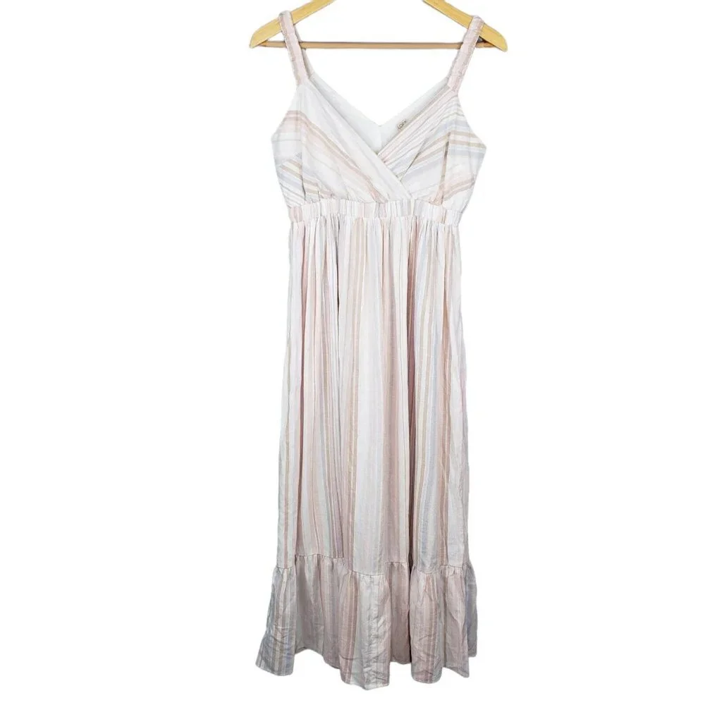 Loft Beach Cotton Linen Blend Striped Midi Dress Neutral Elasticized Waist XXS - Picture 1 of 8